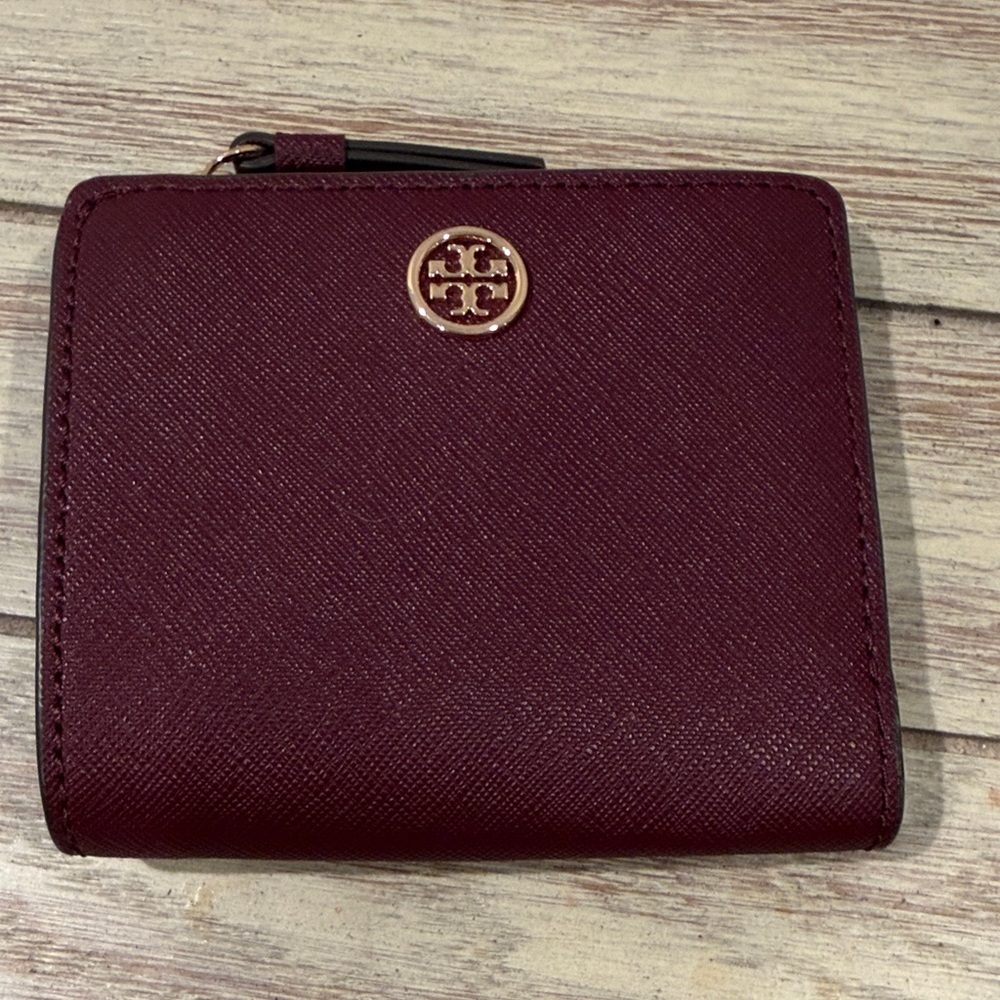 Tory Burch Wine Leather Zip Card Wallet with Gold Logo